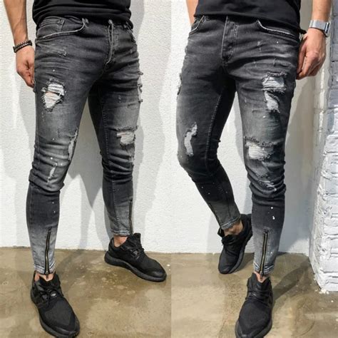 Brand Designer Slim Fit Ripped Jeans Zipper Fly Mens Distressed Denim Ripped Jeans For Men Black