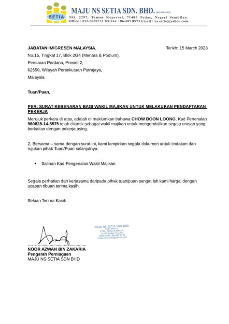 Surat Wakil Majikan Letter JABATAN IMIGRESEN MALAYSIA Tarikh 15