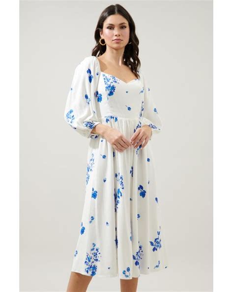 Sugarlips Mildred Floral Granger Puff Sleeve Midi Dress In Blue Lyst