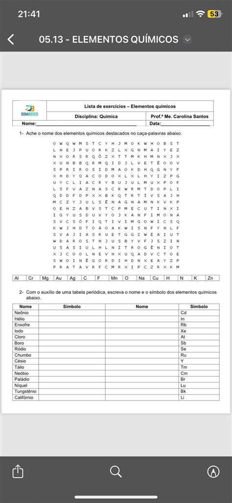1 Ache o nome dos elementos químicos destacados no caça palavras