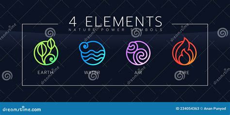 4 Elements Of Nature Power Symbols With Line Bolder Abstract Circle