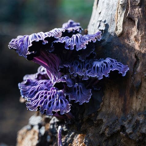 Ai Generated Illustration Of A Cluster Of Purple Mushrooms Sprouting