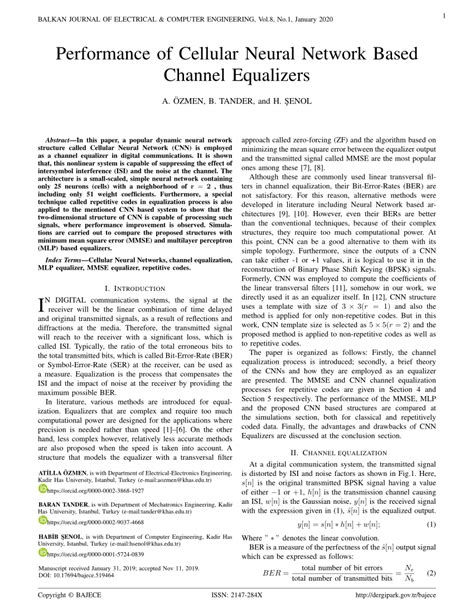 Pdf Performance Of Cellular Neural Network Based Channel Equalizers