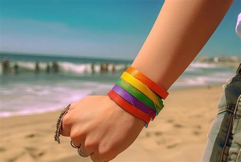 Una Persona Sostiene Una Pulsera Colorida Con Banderas Del Arco Iris En