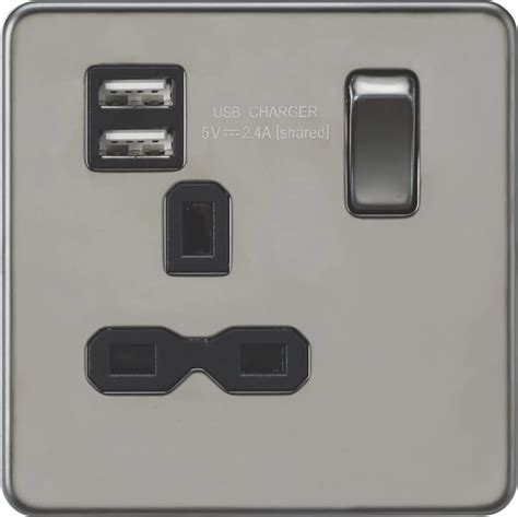 Knightsbridge 13a 1 Gang Sp Switched Socket 24a 12w 2 Outlet Type A Usb Charger Black Nickel