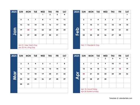 2025 calendar: 4 months per page