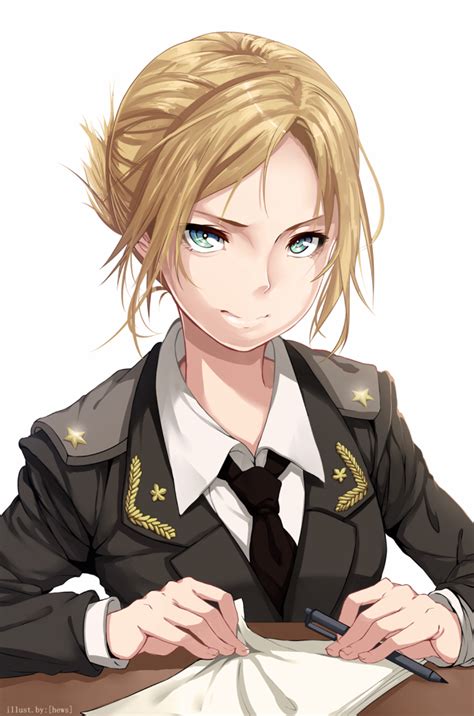 Safebooru Girl Blonde Hair Epaulettes Green Eyes Hews Hack Looking At Viewer Military