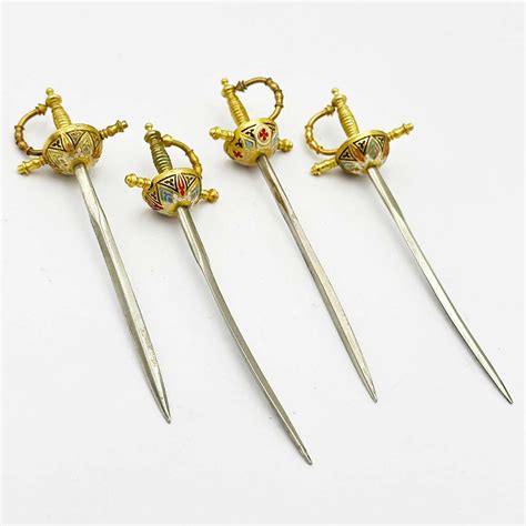 Set Of 8 Fine Enamelled Mid Century Sword Cocktail Sticks On Stand By