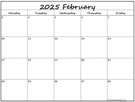 February 2025 Monday Calendar | Monday to Sunday