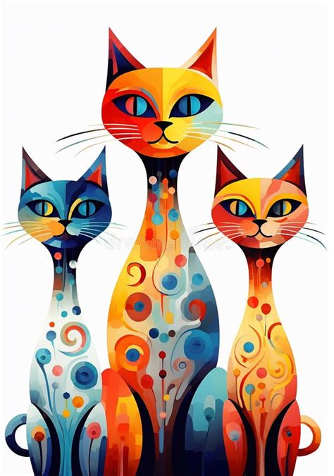 Abstract Color Drawing of Three Cats Art Stock Illustration - Illustration of multicolored ...