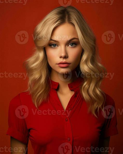 Beautiful Blonde Woman In Red Shirt On Red Background Generative AI 27806620 Stock Photo At Vecteezy