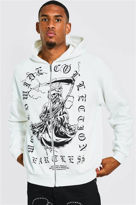 Mens Tall Gothic Skull Print Zip Through Hoodie Boohoo Uk