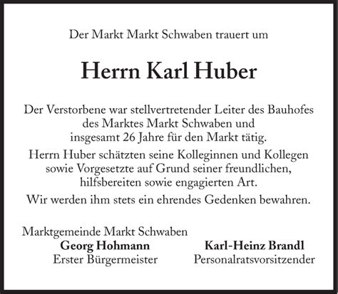 Traueranzeigen Von Karl Huber Sz Gedenken De