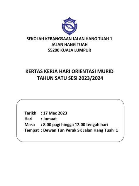 Kertas Kerja Hari Orientasi Tahun 1 2023 Pdf