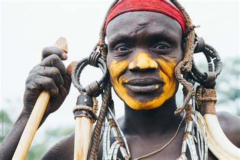 Mursi Tribe Man Portrait With Traditional Clothes Mago National Park Ethiopia Africa By