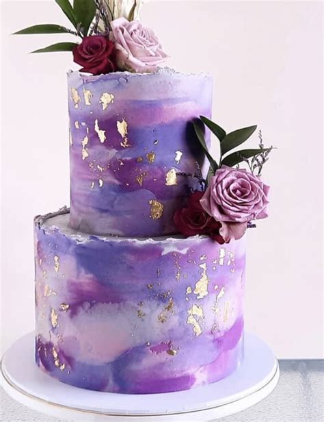 Purple And Gold Three Layer Cake With Floral Designs