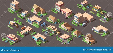 Isometric Low Poly City Buildings Stock Vector Illustration Of