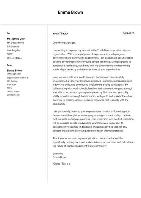 Youth Director Cover Letter Samples And Examples 2024 Cvdesigner Ai