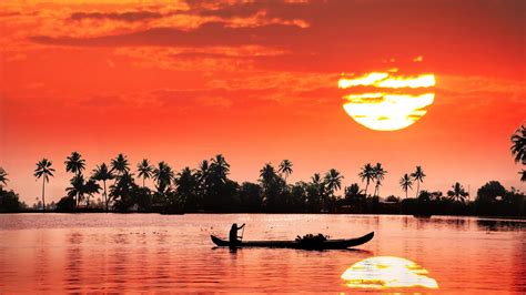 india, sunset, horizon, water, 4K, sun, backwater, evening, afterglow, red sky, river, red ...