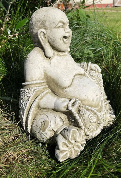 Laughing Buddha Stone Statue Monk Oriental Garden Outdoor Etsy