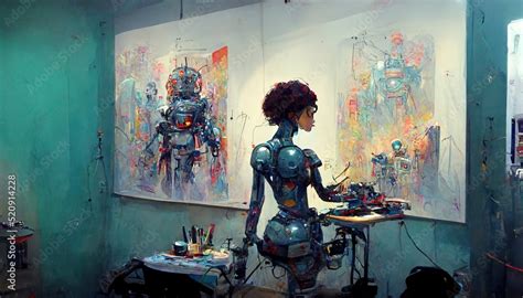 Humanoid AI robot working in an art studio painting a picture, Art making robot, AI artist that ...