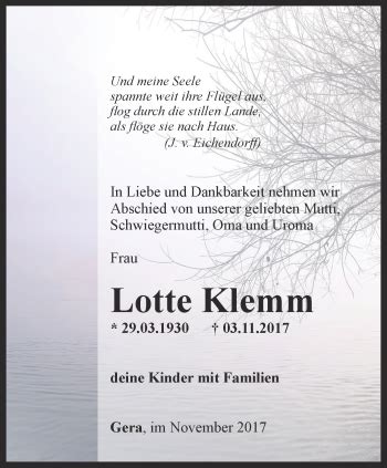 Traueranzeigen Von Lotte Klemm Trauer In Thueringen De