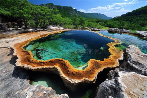 A Natural Hot Spring With Colorful Mineral Deposits Creating A Rainbow