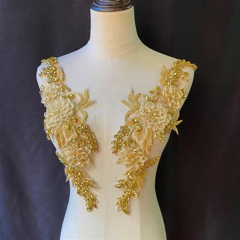 D Gold Rhinestone Applique Pair Bridal Bodice Beaded Lace Etsy