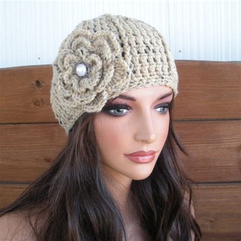 Hand Knit Beanie Wool Hat With Crochet Flower In Grey Etsy