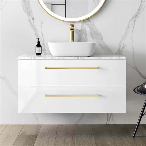 Elba Gloss White Wall Hung Drawer Vanity With Marble Top Curved