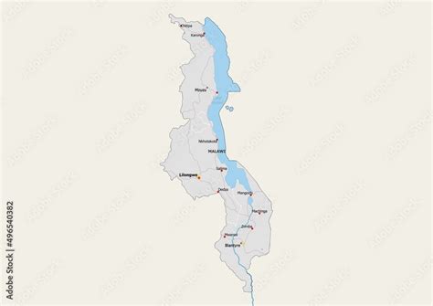 Isolated map of Malawi with capital, national borders, important cities, rivers,lakes. Detailed ...