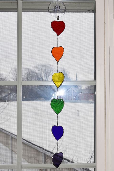 Rainbow Heart Chain Stained Glass Suncatcher Window Hanging Etsy