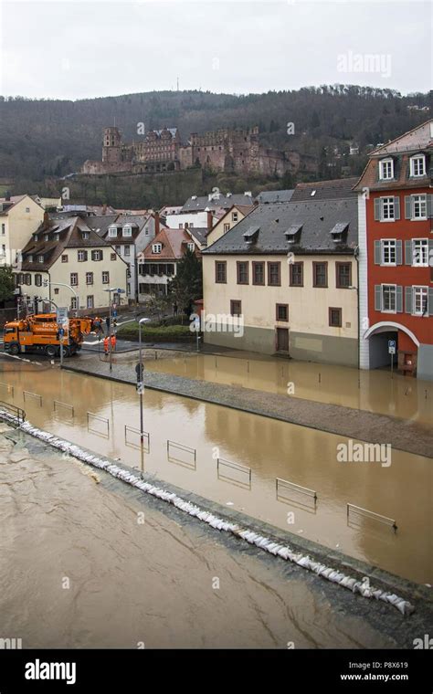 High Flood Of Neckar River Heidelberg Baden Wuerttemberg Germany