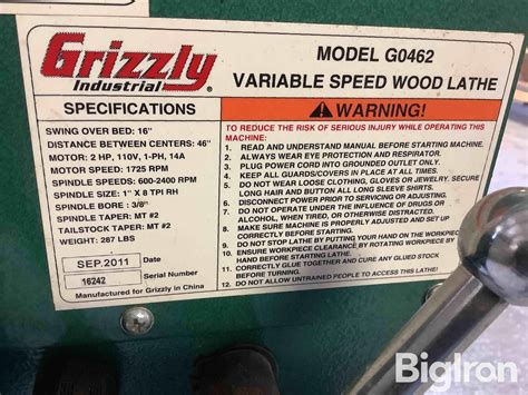 2011 Grizzly G0462 Variable Speed Wood Lathe BigIron Auctions