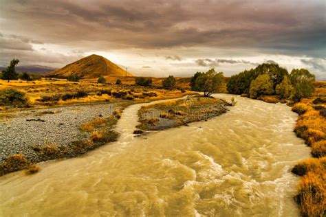 A Swollen Alpine River After Heavy Rain The High Country At Lake Tekapo