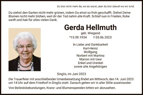 Traueranzeigen Von Gerda Hellmuth Trauer HNA De