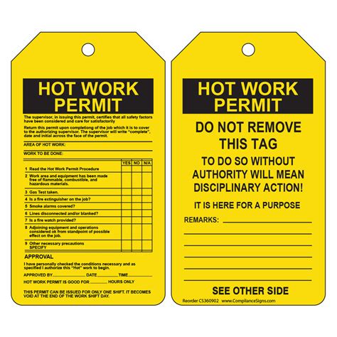 Yellow Hot Work Permit Do Not Remove Authority Safety Tags