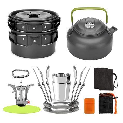 Outdoor Camping Cookware Mess Kit Pot Pan Kettle Cooking Set Tableware With Stove Spoon Fork Cut