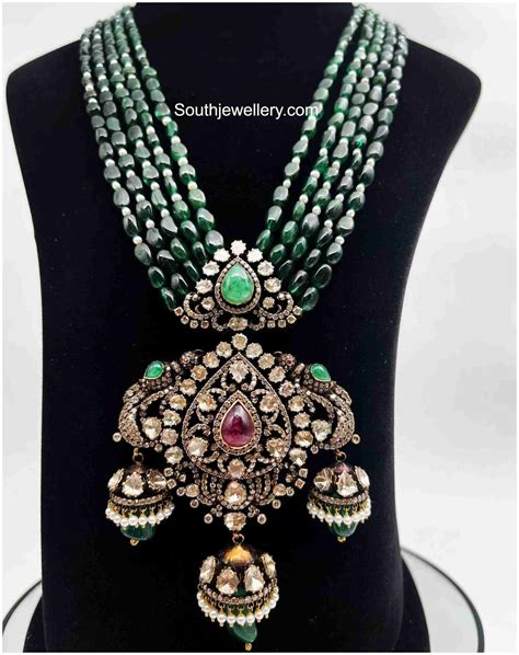 Emerald Beads Haram With Victorian Polki Pendant