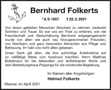 Traueranzeigen Von Bernhard Folkerts Nordwest Trauer De