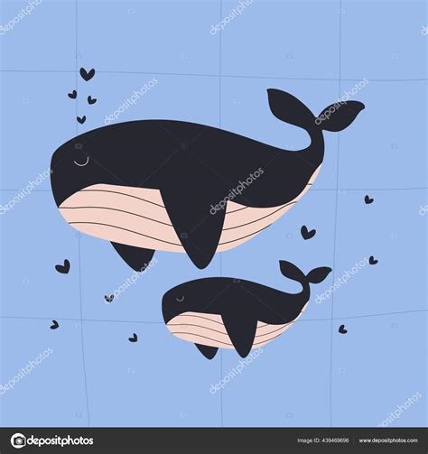 Cute Cartoon Blue Whales Hearts Mom Baby Blue Whales Card Stock Vector