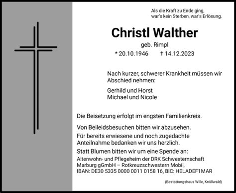 Traueranzeigen Von Christl Walther Trauer HNA De