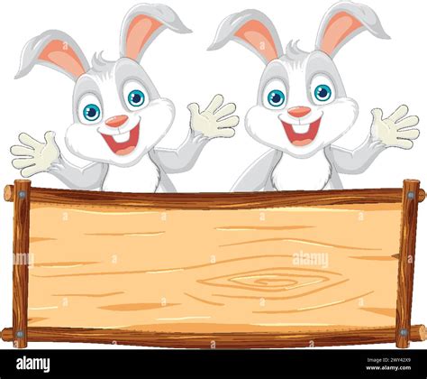 Two Cartoon Rabbits Holding A Blank Wooden Sign Stock Vector Image