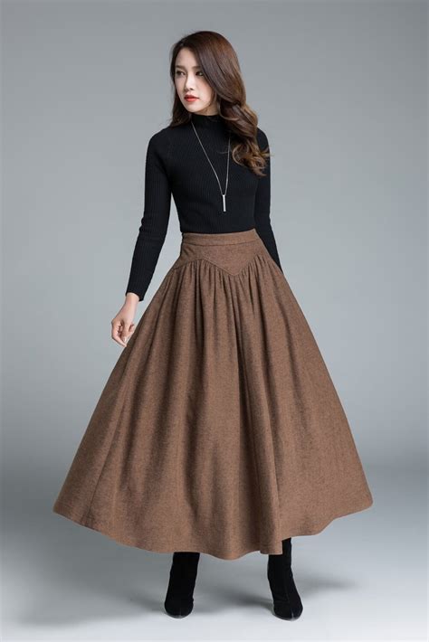 Vintage Inspired Long Wool Skirt Wool Skirt Women High Waist Wool