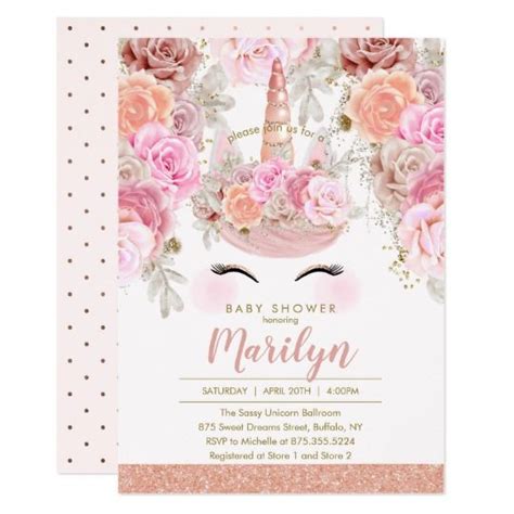 Floral Rose Gold Glitter Unicorn Baby Shower Invitation Zazzle