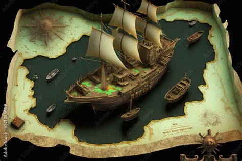 Pirate Treasure Map With Pirate Ship And Sea 3d Style Generate AI