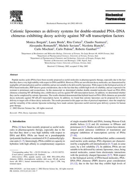 Pdf Cationic Liposomes As Delivery Systems For Double Stranded Pna