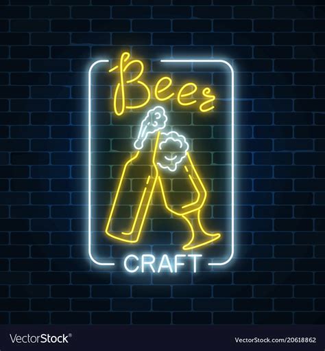 Glowing Neon Beer Craft Signboard With Glass Of Vector Image