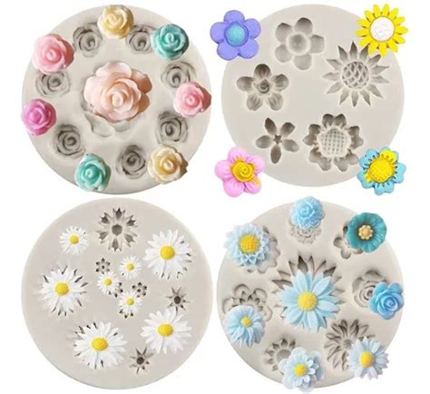 4pcs Molde De Silicona Rosa Flor Margarita Fondant Resina Meses Sin