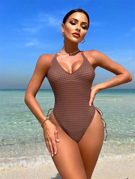 Solid Criss Cross Backless Knot Side High Cut One Piece Swimsuit Shein